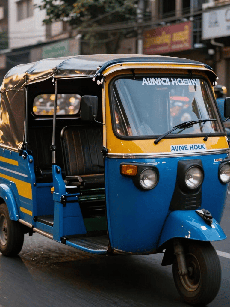 A vibrant, professionally branded auto-rickshaw moving through a dynamic South Asian urban street at dusk, cinematic street lighting, reflecting a modern and dynamic agency style.