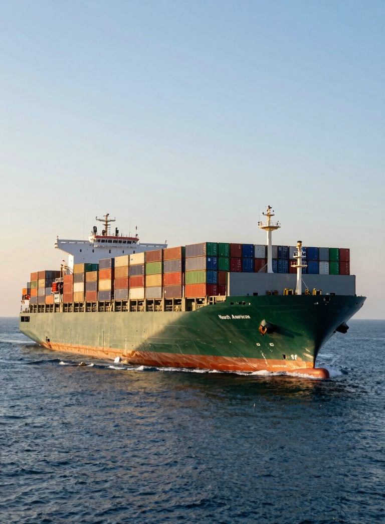 A wide shot of a massive container vessel sailing across a calm blue ocean, carrying thousands of multicolored containers with deep green and red accents, North American / International trade route, golden hour lighting.