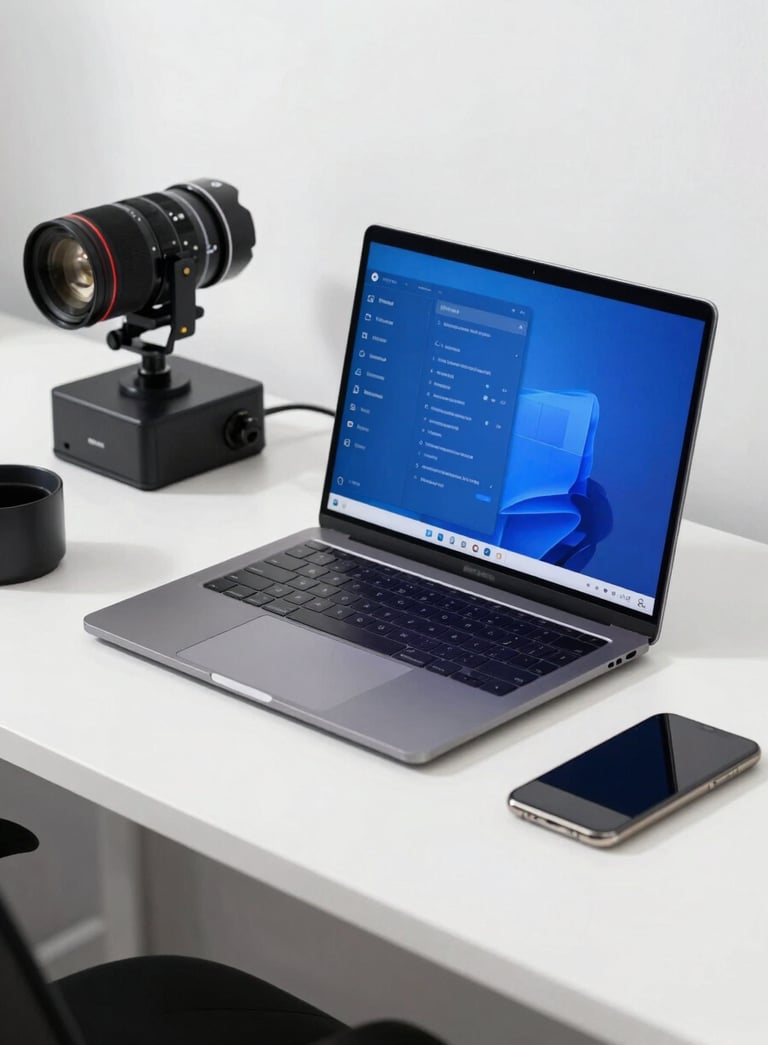 A high-end professional photography of a sleek digital marketing workstation in a North American / US corporate office. A laptop shows a vibrant blue interface. Pure white background, deep black accents on tech accessories. Bright morning lighting.