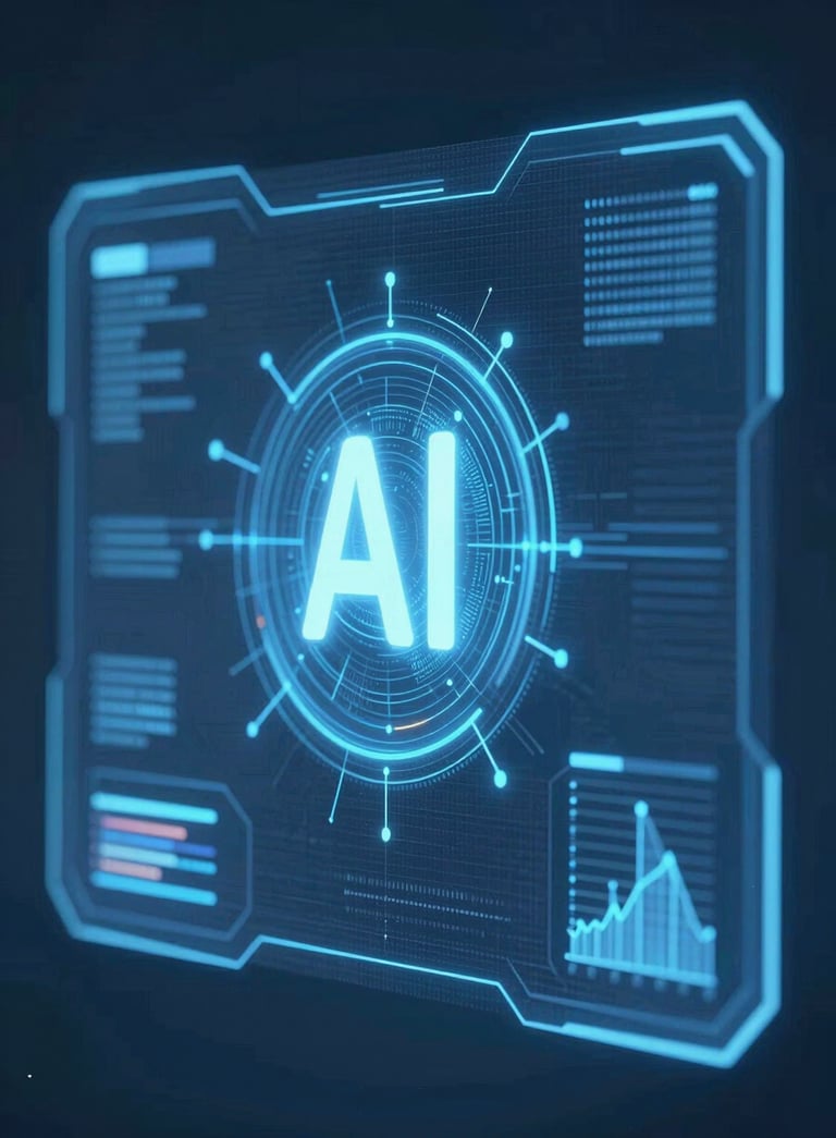 A futuristic holographic interface representing artificial intelligence and data networks, clean composition, soft deep blue tones, high-tech photography style.