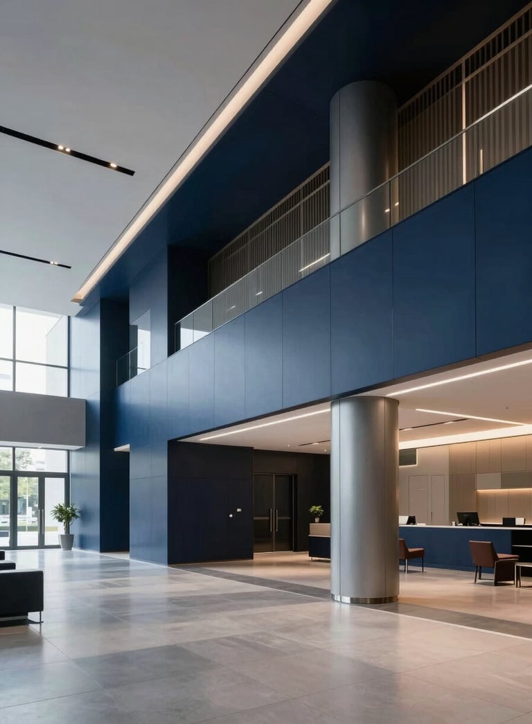A wide-angle professional photograph of a futuristic corporate lobby with clean lines, featuring dark navy blue and steel blue architectural accents.