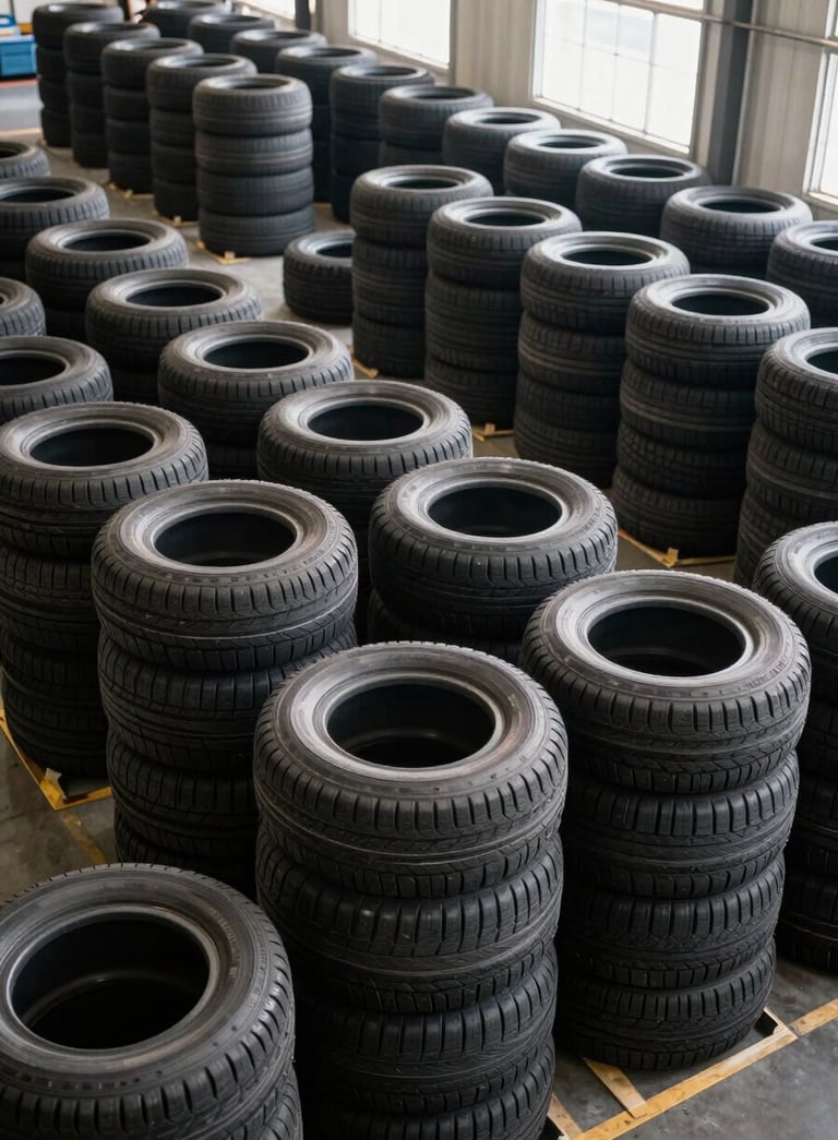 A high-angle professional photograph of thousands of brand new black tires stacked neatly in a vast, bright North American warehouse, showcasing efficiency and scale with soft natural light.