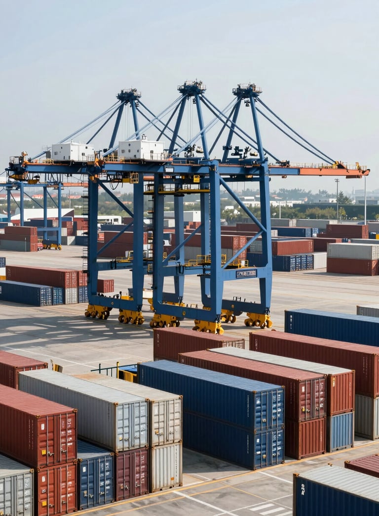 A high-angle, clean photographic shot of a sunlit international container terminal with steel blue cargo cranes and organized stacks of containers, modern and efficient vibe.