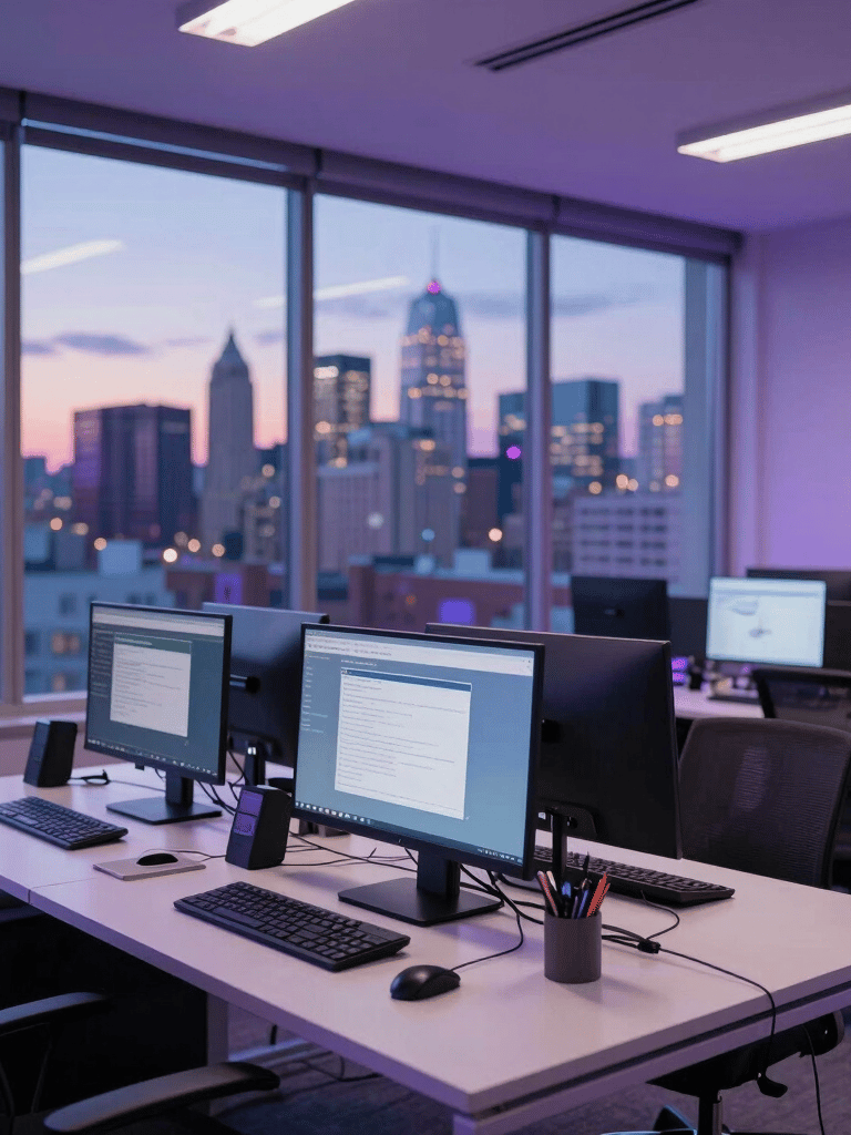A professional North American marketing agency workspace at twilight with wide windows overlooking a cityscape, featuring high-end computers and soft violet and blueviolet interior lighting.