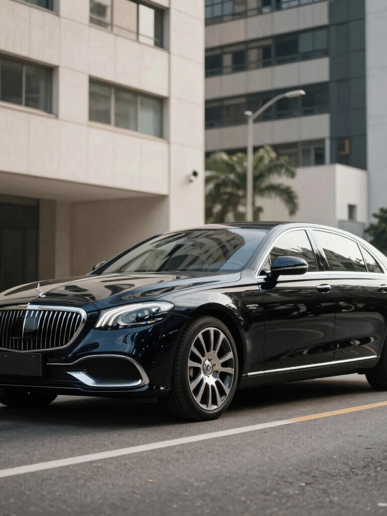 A polished black luxury sedan parked on a clean, modern street in a South American / Brazilian financial district. The lighting is bright and professional, highlighting the car's sleek lines. Off-white and dark navy blue tones dominate the scene.
