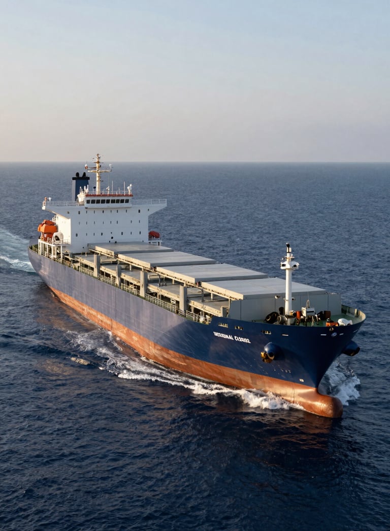 A large modern cargo ship sailing across deep navy blue waters at sunrise, sleek professional photography, International Corporate Business mood.