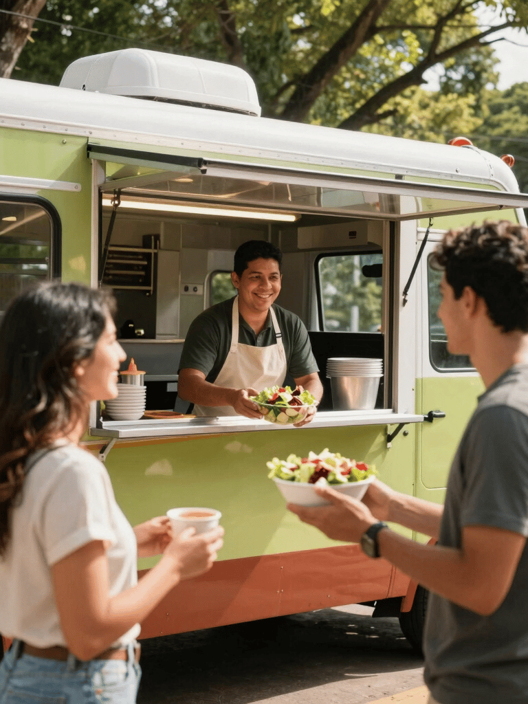 A vibrant South American / Brazilian food truck parked near a sunny public park, a vendor wearing a clean apron serving a fresh bowl of salad to a smiling customer, professional photography with soft sunlight and medium green trees in the background.