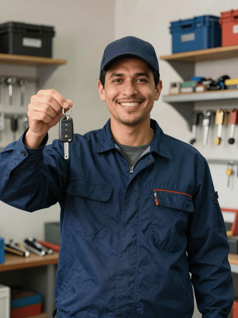 A portrait of a friendly professional locksmith in a clean dark blue uniform, smiling and holding a set of modern car keys, standing in front of a well-organized locksmith shop in a South American / Brazilian neighborhood.