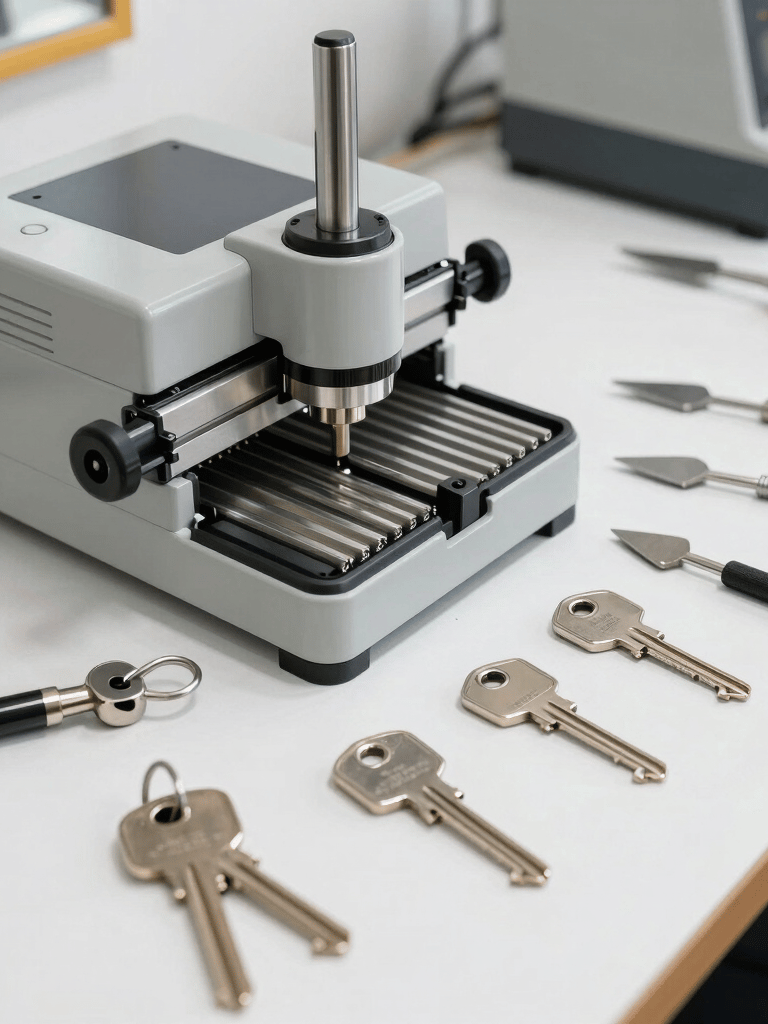 A professional locksmith workshop table in a South American setting, featuring a variety of modern silver keys, professional lock picking tools, and a high-precision key cutting machine under bright, clean white lighting.