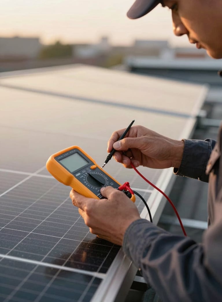 Close-up of a solar technician checking panel connections with a multimeter on a rooftop, hands and equipment in sharp focus, warm golden-hour light, shallow depth of field showing competence and precision