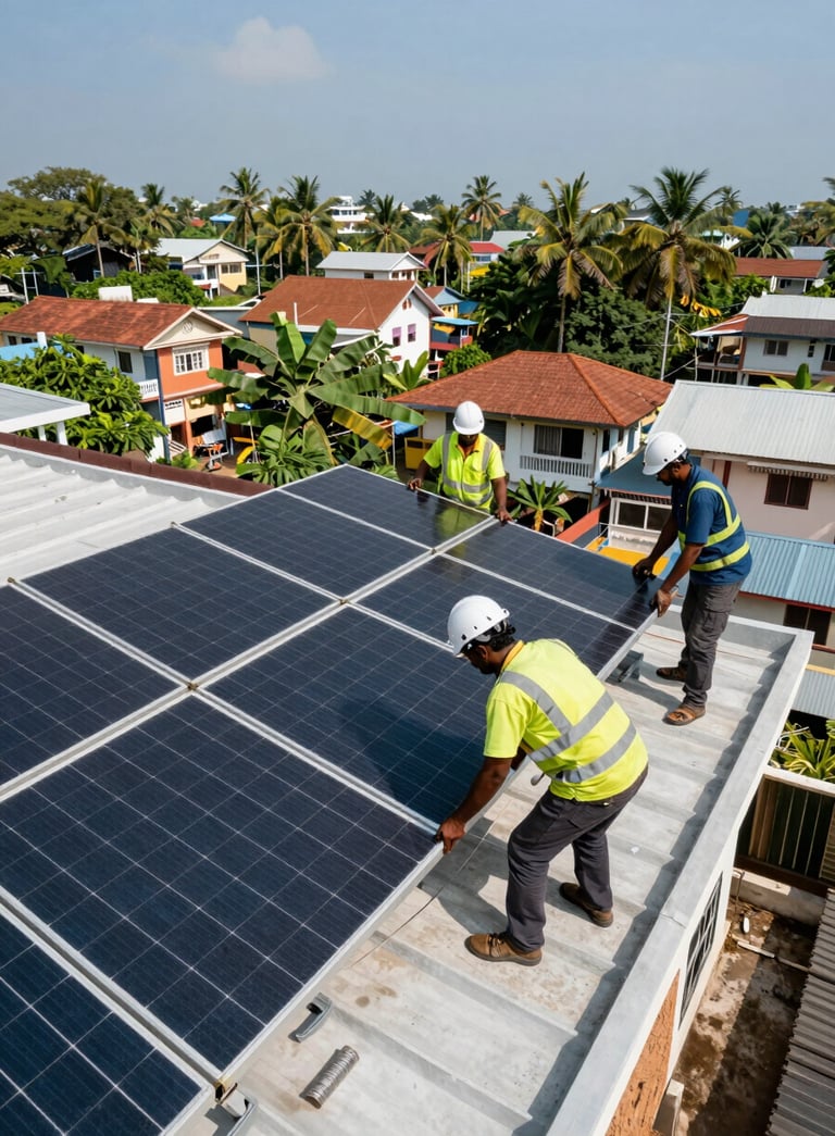 Wide shot of a solar installation team working on a residential rooftop in Sri Lanka, workers in safety gear focused on panel placement, bright midday daylight, urban neighbourhood visible below