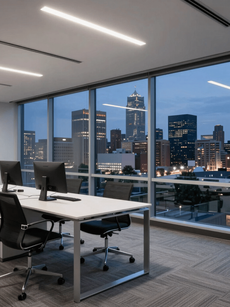Photography of a modern North American office interior at dusk with a view of Delaware city lights. Navy and Silver tones, clean and professional lighting.