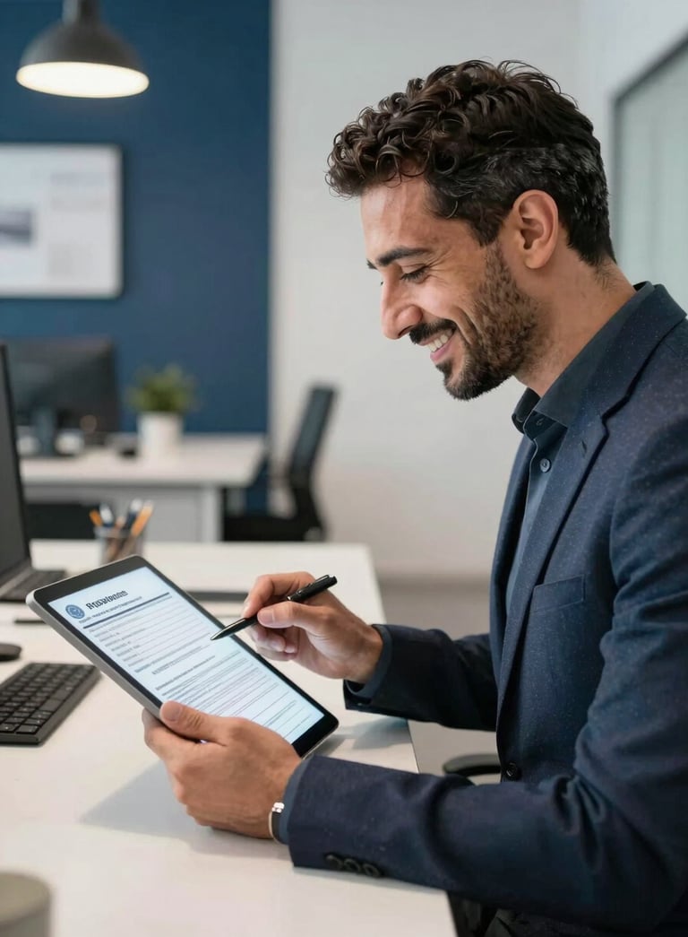 A professional and supportive Middle Eastern / Turkish male consultant smiling while reviewing residence permit forms on a tablet in a well-lit, contemporary office. The atmosphere is efficient and trustworthy, with accents of dark blue and white in the decor.