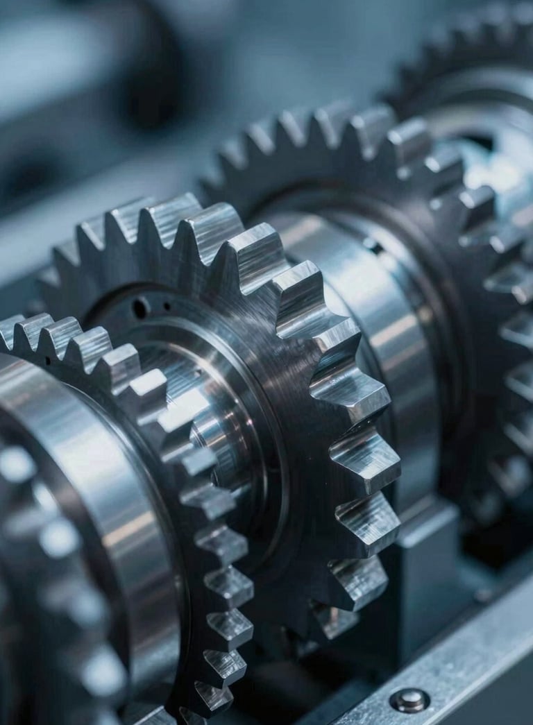 Close-up of high-precision industrial gears and mechanical parts, polished steel textures reflecting professional blue tones #1E3A4D, sharp focus, technical atmosphere.