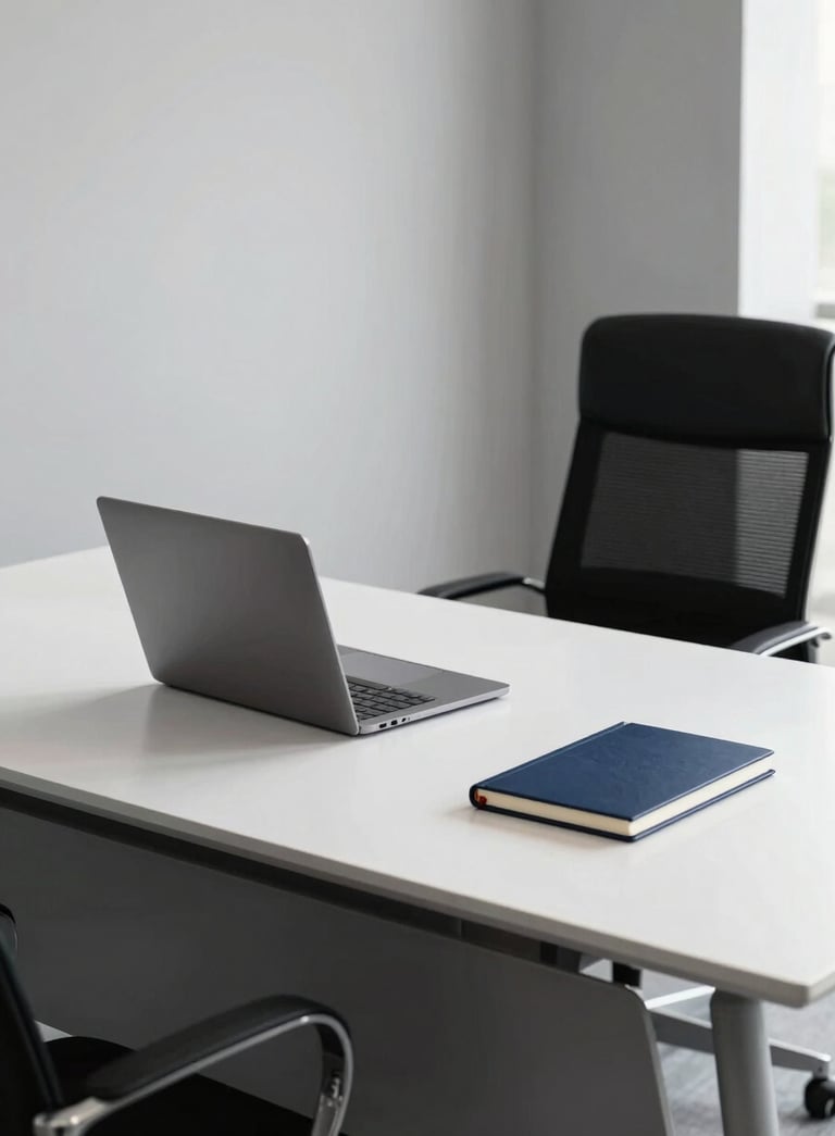 A minimalist, high-end executive desk in a Latin American corporate office. Clean lines, a single laptop, and a notebook in midnight blue and snow white.