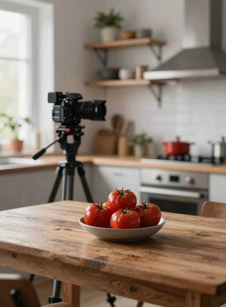 Behind-the-scenes shot of a professional camera setup on a tripod in a sun-drenched Scandinavian kitchen. A bowl of ripe crimson tomatoes sits on a rustic wooden table. Sophisticated, creative atmosphere with a palette of #1A2C22 and #9B2226.