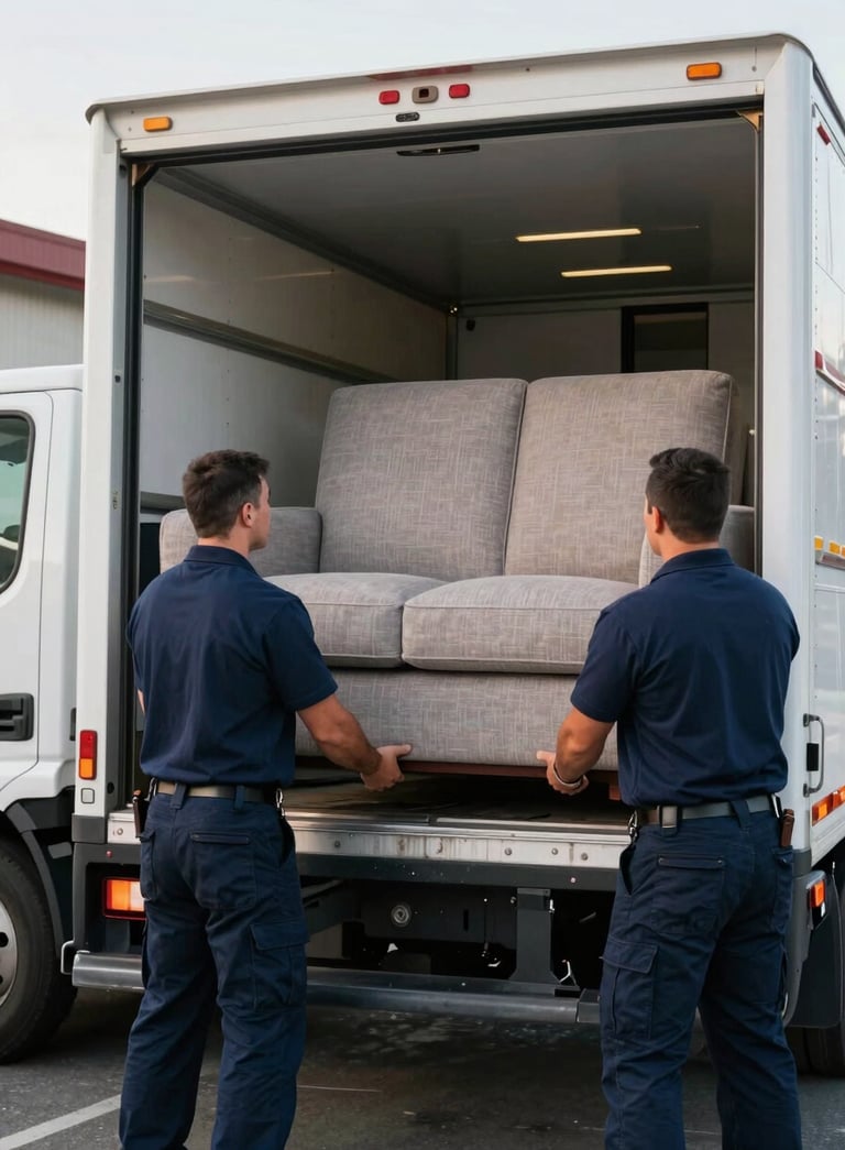 A pair of professional haulers in navy blue uniforms loading a large sofa into a clean, modern truck, daytime, North American / US - Bay Area, California.