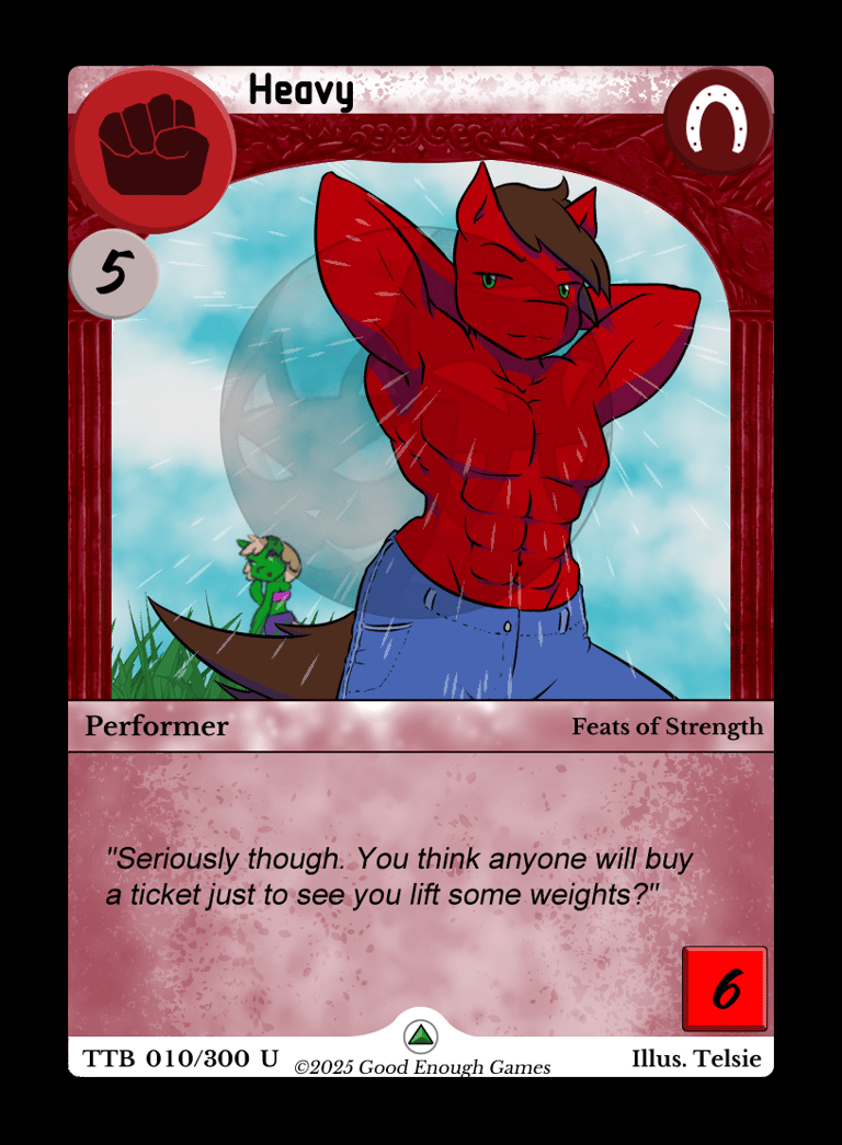 the Heavy Strength card featuring a muscular red stallion with brown hair posing with red frame