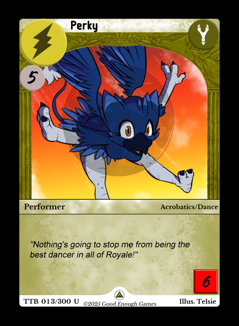 the Perky Agility card featuring a blue gryphon soaring in front of a sunset with yellow frame