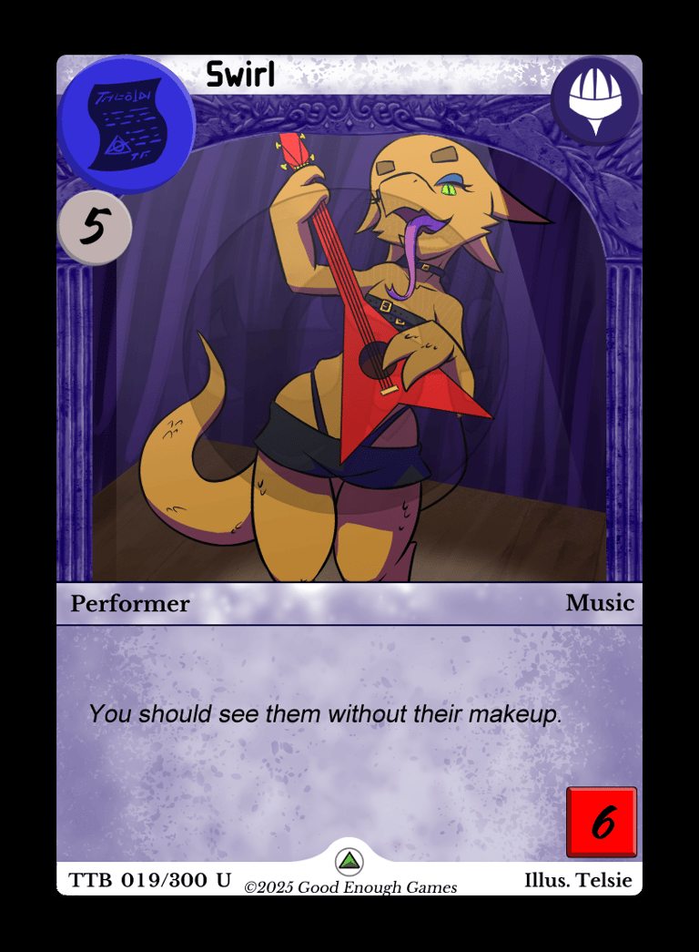 the Swirl Will card featuring a beige kobold playing a guitar and sticking out her tongue blue frame