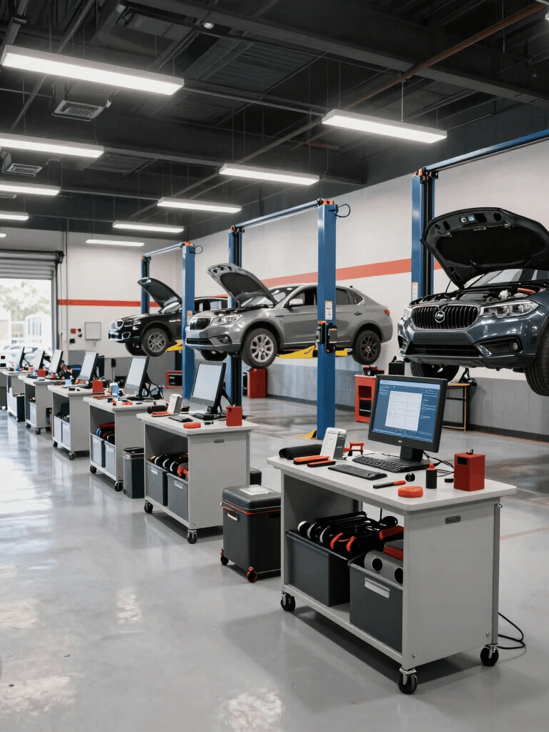 A professional wide-angle photograph of a clean, modern North American auto repair shop interior. The floor is polished, tools are neatly organized, and bright white lighting highlights several car lifts and computer diagnostic stations.