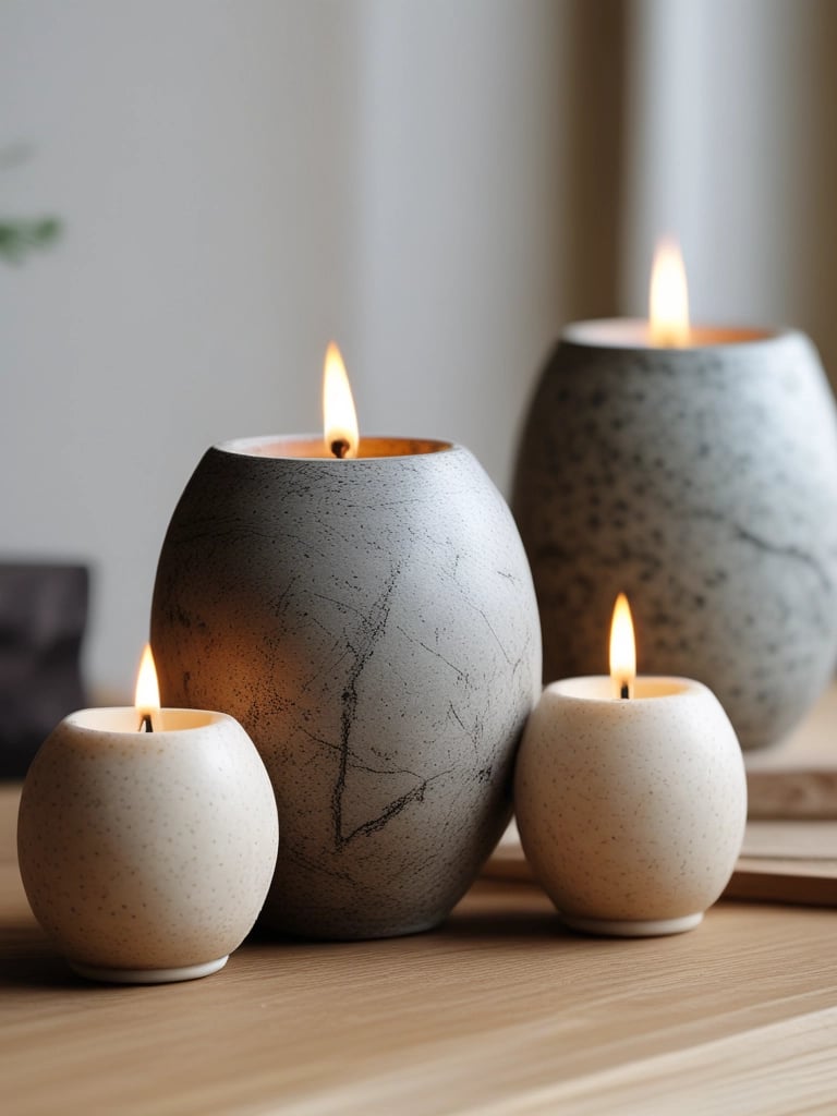A collection of stone candle vessels arranged artfully.