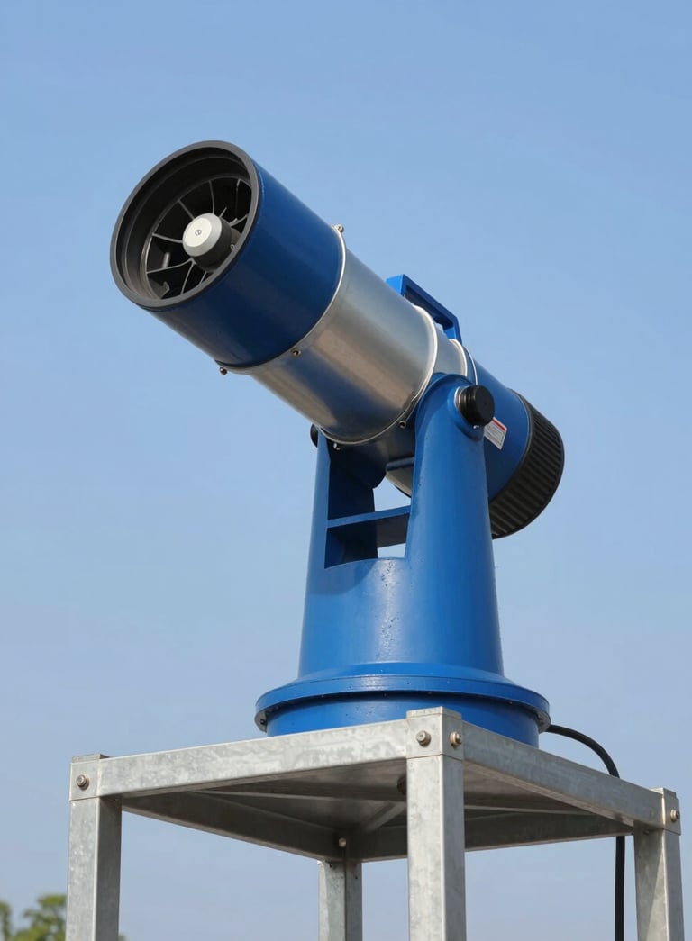 Professional industrial foam cannon (Foam Monitor) mounted on a steel platform, blue and silver color scheme, clear blue sky background, authoritative and technical look.