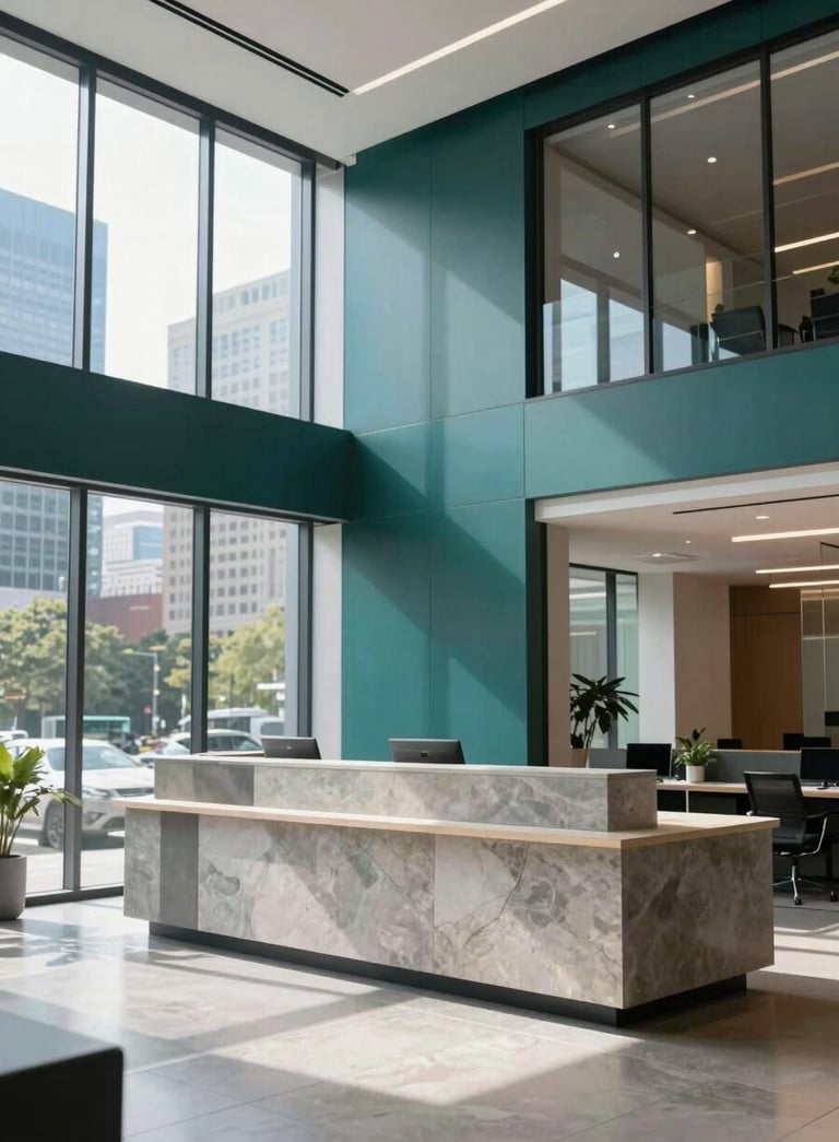 A bright, modern North American office lobby with deep forest teal accents, a sleek stone reception desk, and glass walls reflecting a city skyline, high-performance professional vibe.