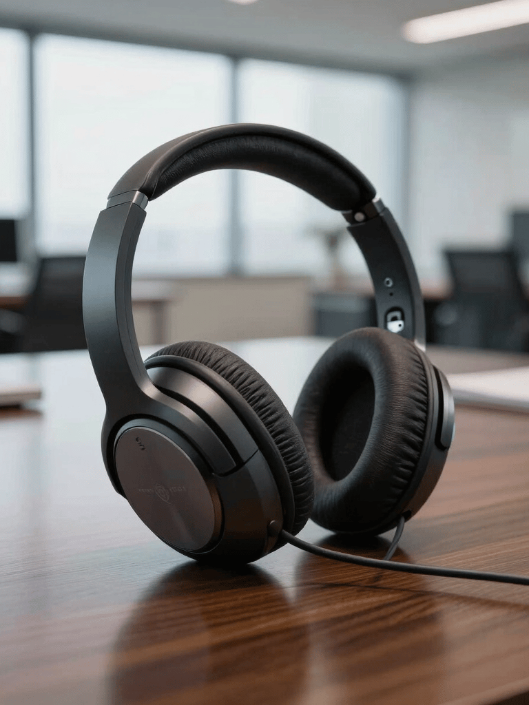 A high-end, professional noise-canceling headset resting on a polished dark wood desk in a Brazilian corporate setting. The background is softly out of focus, showing a modern office with large windows. The lighting is sophisticated, emphasizing the sleek textures of the technology.