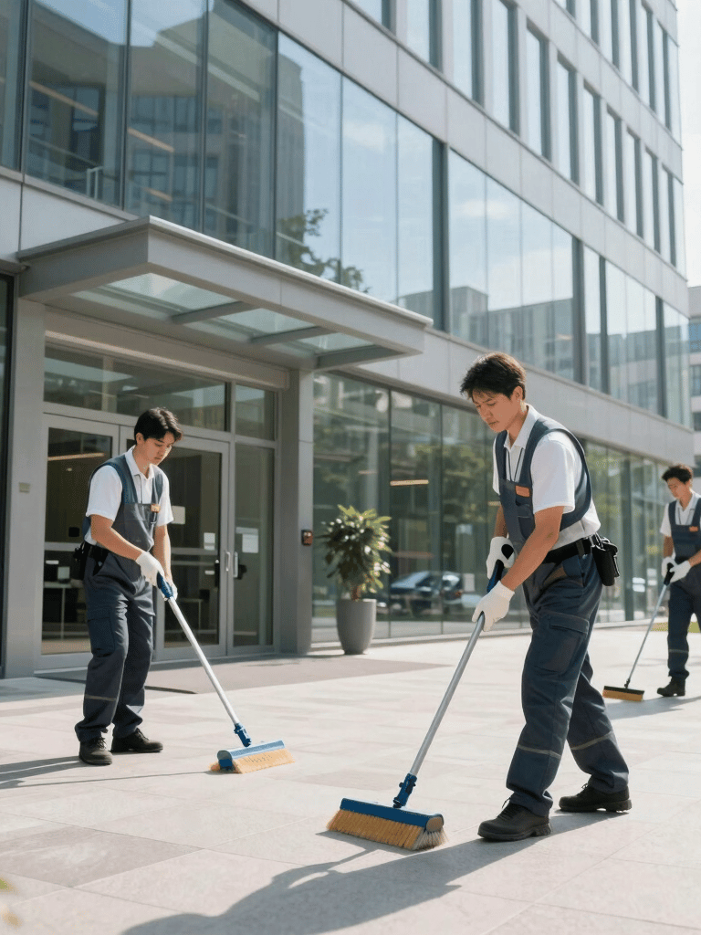 A wide-angle professional photograph of a modern glass-fronted commercial building in a Central European / German business park. The surface is spotless and reflecting a soft blue sky. The atmosphere is clean, efficient, and professional.