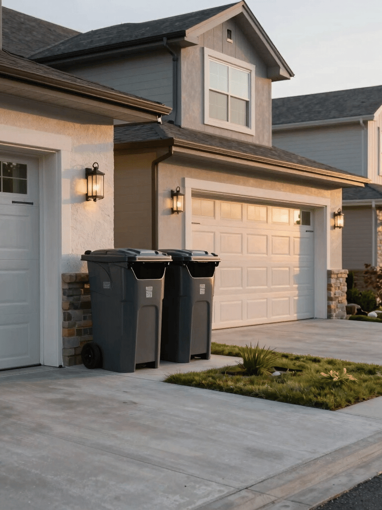 Wide-angle photography of a modern, upscale North American suburban driveway at sunrise. Two clean, charcoal-colored trash bins are positioned neatly near a high-end garage, lit by soft morning light.