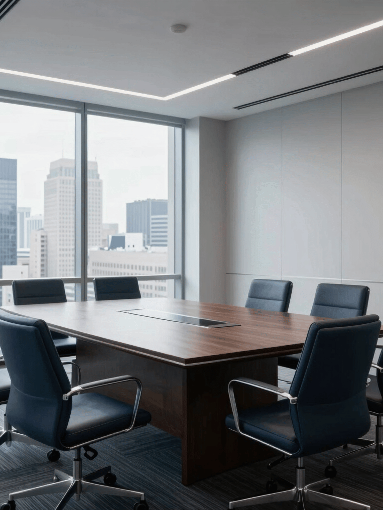 A wide-angle professional photography of a high-end corporate boardroom in a North American city. The lighting is soft and natural, emphasizing clean lines and a professional, trustworthy atmosphere with deep blue and light grey tones.