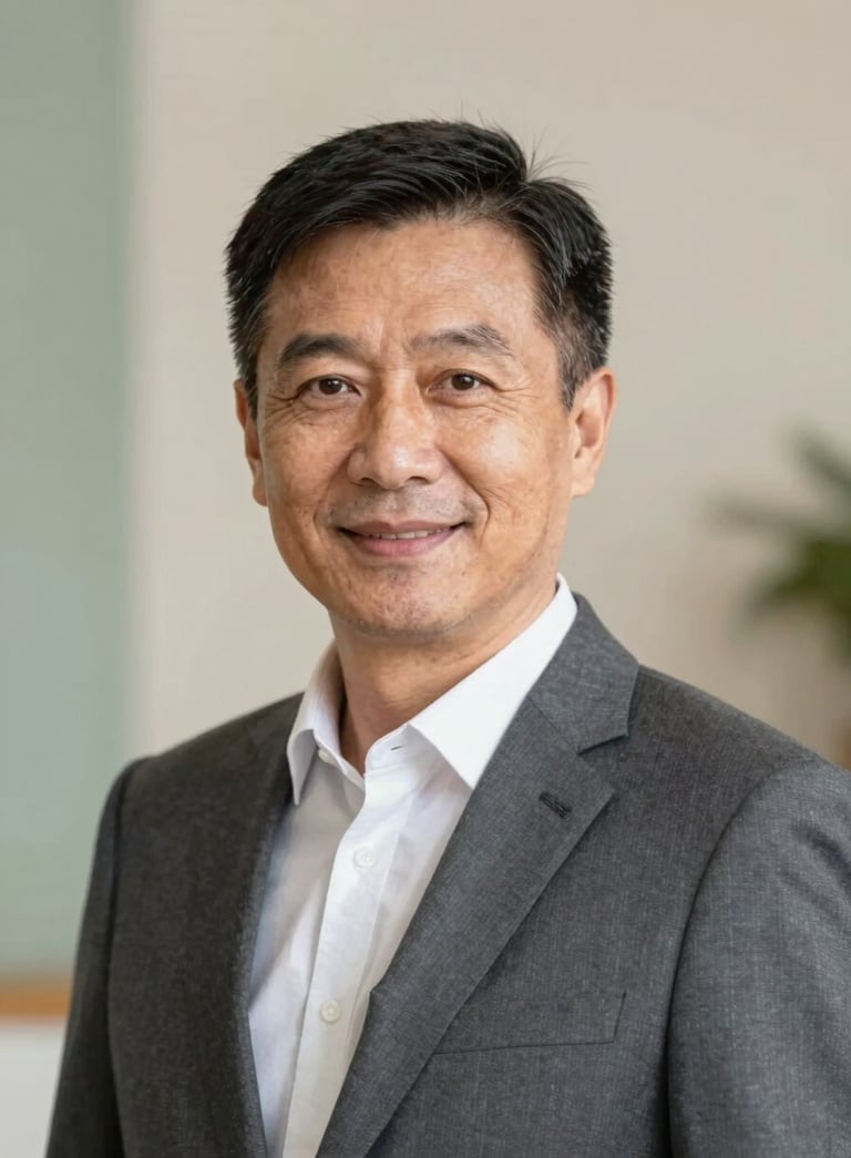 A professional portrait of a mature and experienced candidate with a warm, confident expression. The subject wears a dark grey (#262626) suit and is positioned in a professional setting with soft, warm lighting. The background features subtle textures of #F2F4F3 and a hint of #A3B18A green to evoke a sense of calm authority and deep-rooted credibility.