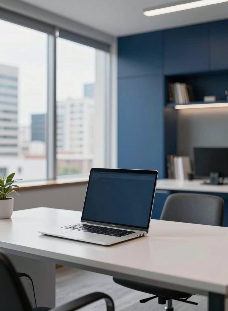 A bright, modern office interior in a Brazilian city. A clean desk with a high-end laptop, professional atmosphere, navy blue and silver grey accents in the decor, soft natural lighting.
