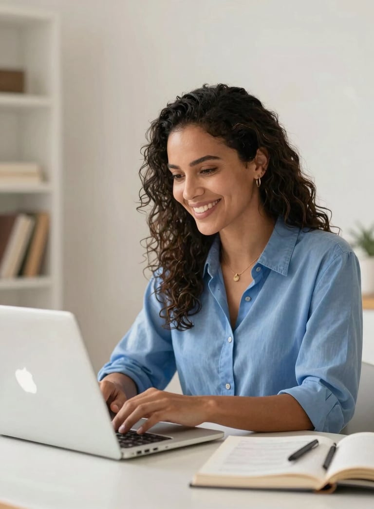 A professional South American woman smiling while studying on a modern laptop in a bright Brazilian home office, professional atmosphere, off-white and mid blue palette.