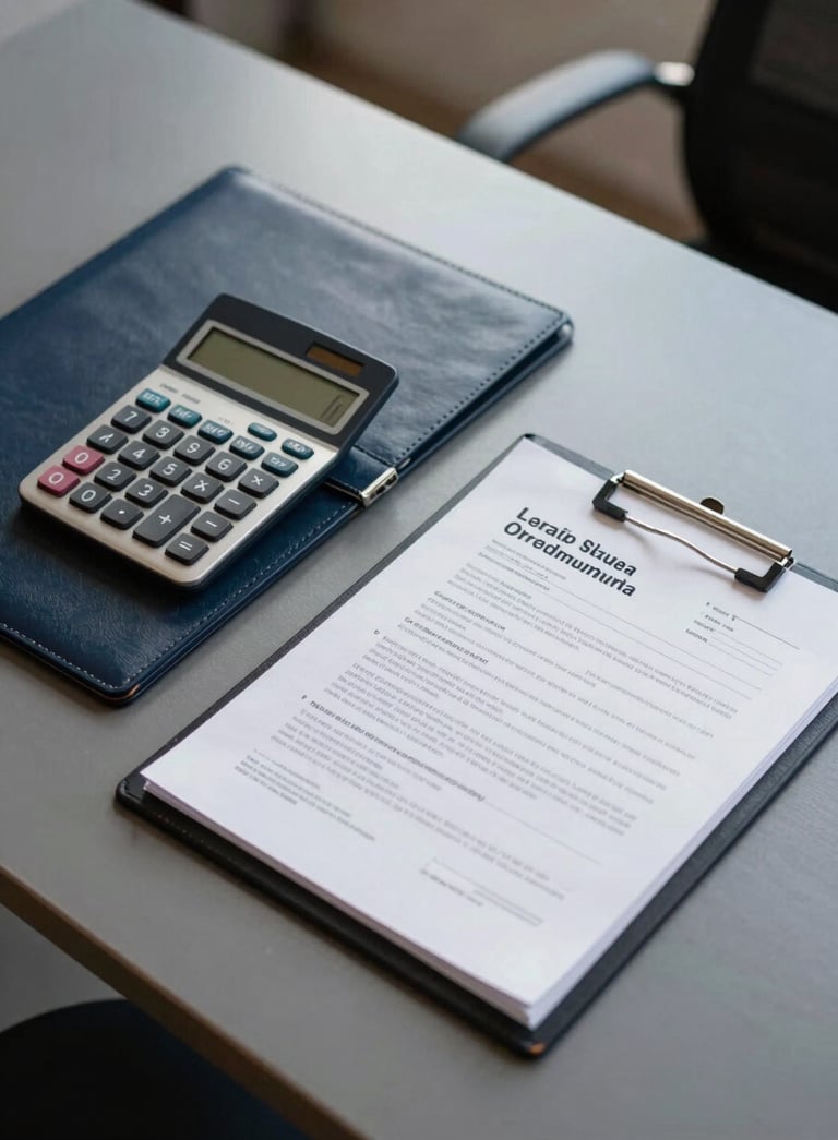High-angle shot of a clean, modern desk in a Latin American office setting. A silver calculator, a leather folder, and professional real estate documents are arranged neatly. Soft natural light, palette includes dark blue grey and off-white.