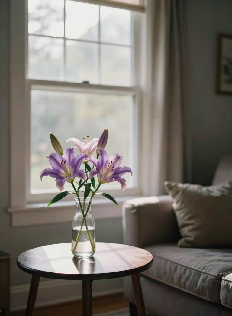 A calm North American / US living room with soft lavender sunlight streaming through the window, a small vase of lilies on a side table, serene atmosphere.