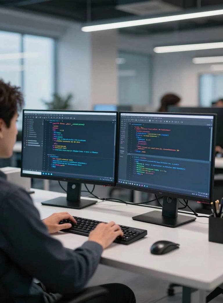 A professional software developer working in a sleek North American tech hub. The shot is medium distance, showing a workspace with dual monitors displaying code. Soft blue and white ambient lighting, conveying clarity and reliable innovation.