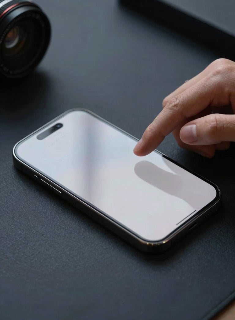 A close-up of a designer's hands interacting with a high-end smartphone on a Dark Navy desk, with soft Pale Cloud Grey reflections on the screen.