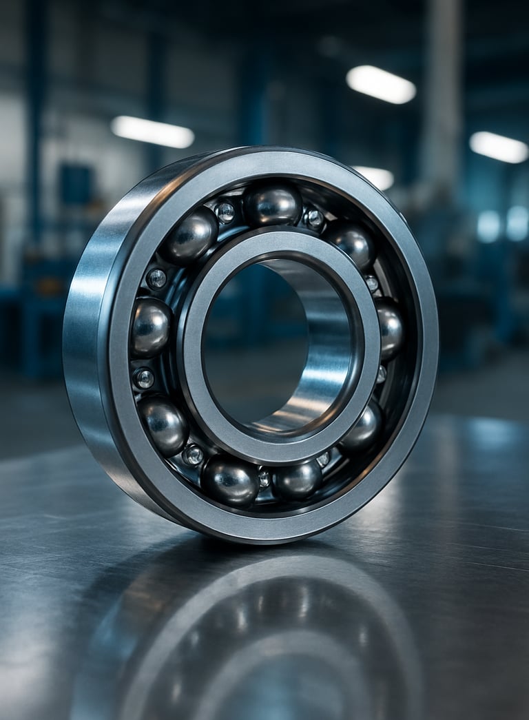 A high-resolution close-up photograph of a gleaming steel ball bearing model 6201 placed on a polished metal surface. The lighting is bright and industrial, reflecting dark blue and light gray tones. The background is a clean, modern workshop setting in a South Asian / Indian industrial zone.
