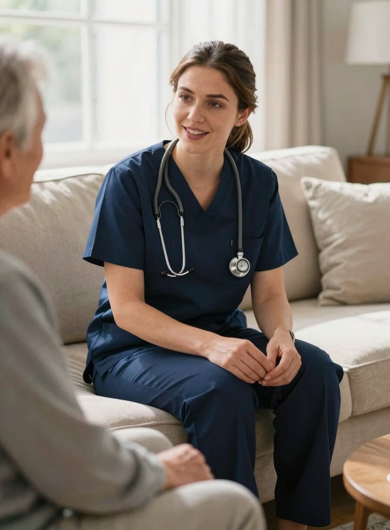 A professional nurse in navy blue scrubs and a stethoscope sits on a beige sofa in a sunlit North American living room, speaking warmly and reassuringly to an elderly person. The lighting is soft and natural, conveying comfort and trust.