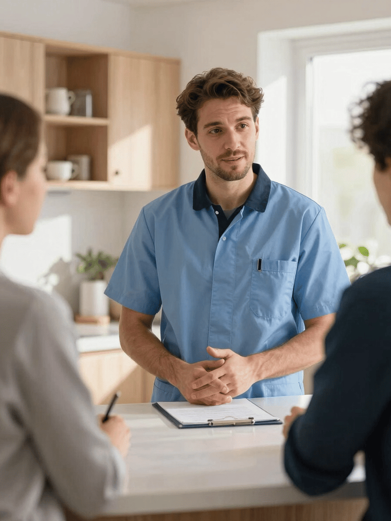A professional technician in a light navy blue uniform talking politely to a client in a bright, modern Scandinavian kitchen with light wood furniture and soft morning light, European Spanish context.