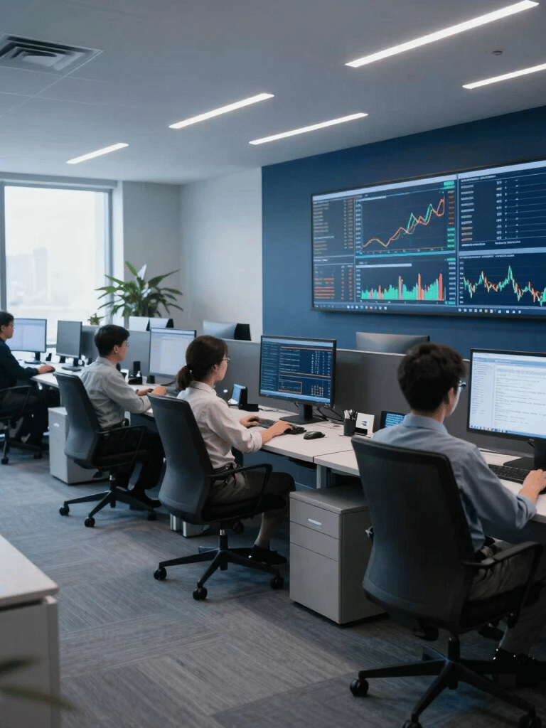 A sophisticated North American financial office interior. Multiple professional screens show advanced trading charts with clean lines. The room is filled with soft light blue and dark navy tones in a professional wide-angle shot.