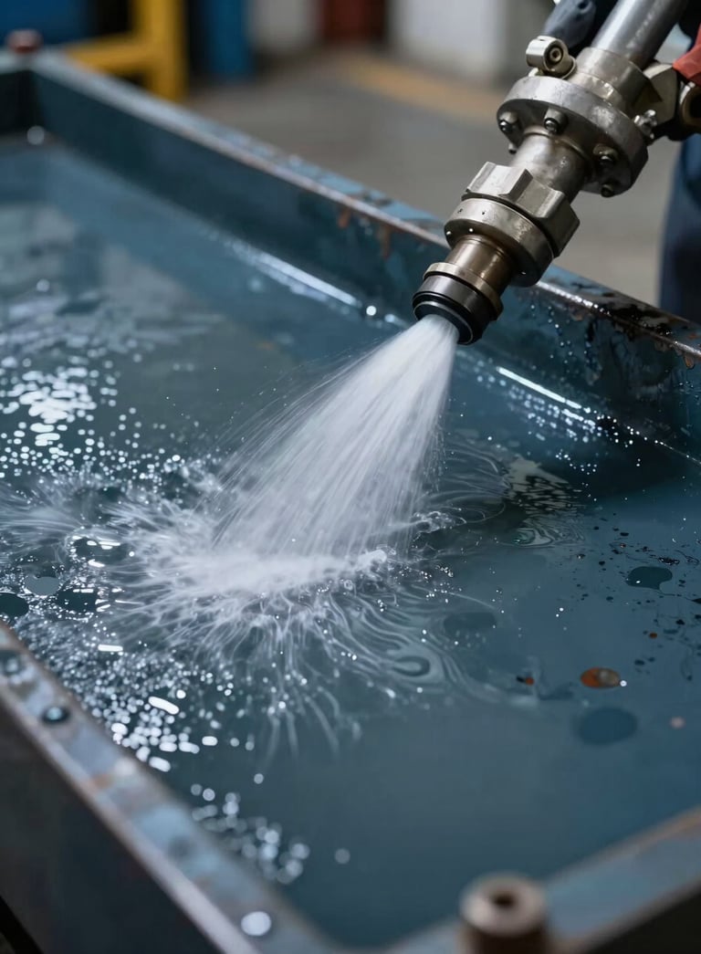 Close-up of a high-pressure water stream effectively cleaning a weathered industrial steel surface in a North American / US logistics facility. Sharp focus on the water spray and the emerging clean surface. Colors: deep slate teal.
