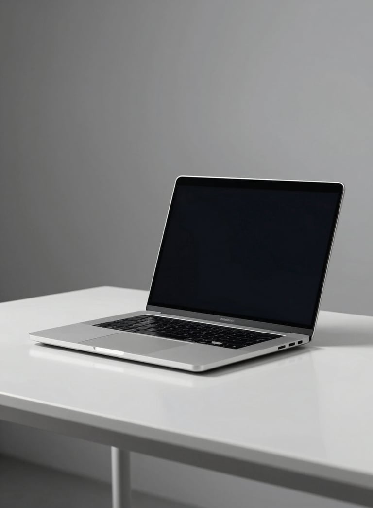 A sleek, minimalist shot of a silver high-performance laptop on a polished white desk in a professional North American / US studio. Soft, neutral lighting emphasizes the sophisticated design.