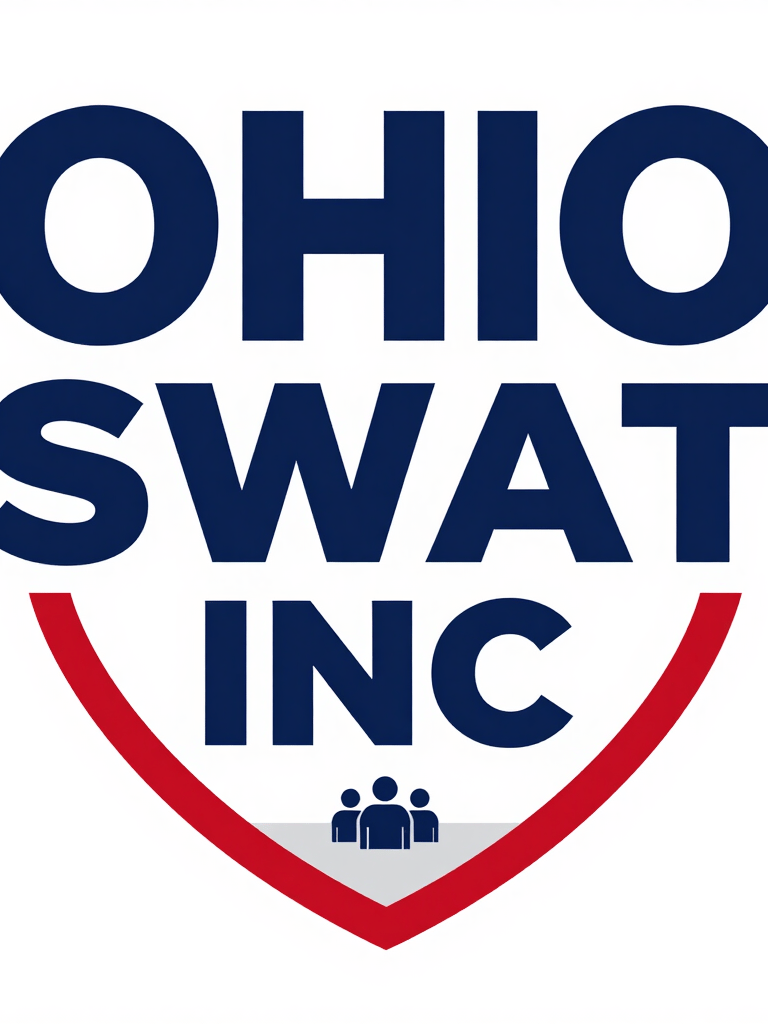 A minimalist and authoritative logo for OHIO SWAT INC., featuring a stylized crest and a shield icon representing protection and resilience, using navy blue and teal colors on a white background, clean and professional typography.