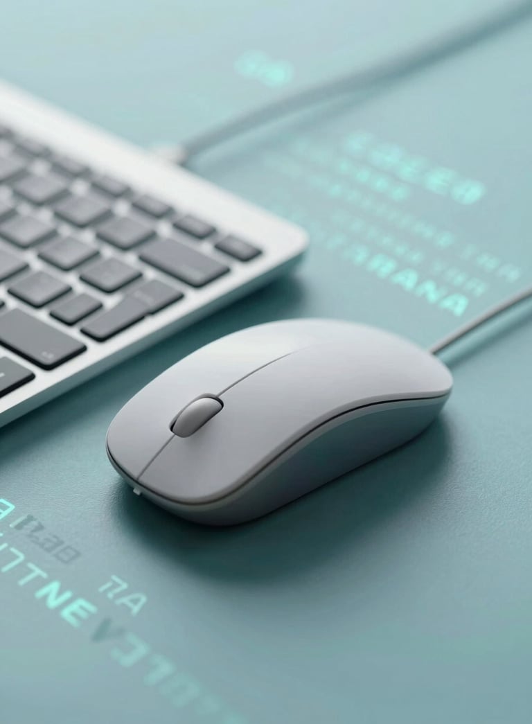 A close-up, high-tech shot of a sleek keyboard and mouse with a subtle digital code overlay in the background. The aesthetic is professional and trustworthy, incorporating #367C89 and #1A202C tones with a sense of calm efficiency.