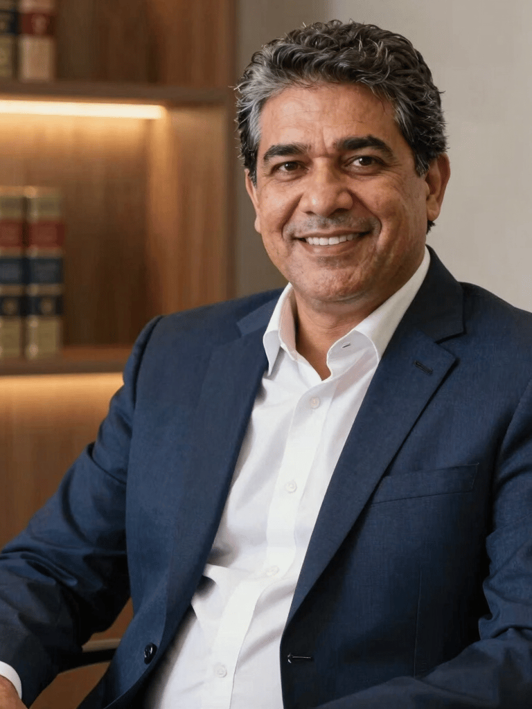 A high-quality portrait of a mature male lawyer around 50 years old with a confident and kind expression, wearing a dark navy blue suit and a crisp white shirt. He is sitting in a modern office in Cuiabá, Brazil, with law books in the soft-focus background. The lighting is professional and warm. South American / Brazilian.