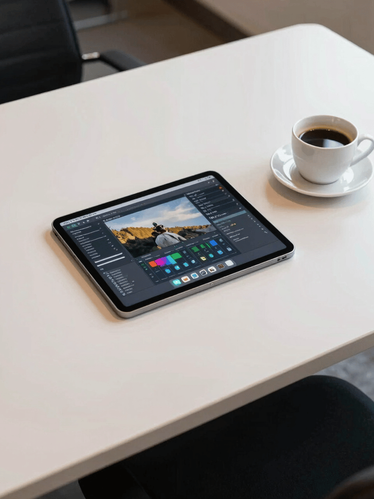 A high-angle shot of a minimalist creative desk in a South American agency, featuring a tablet with design software, a cup of coffee, and professional lighting in off-white and blue tones.