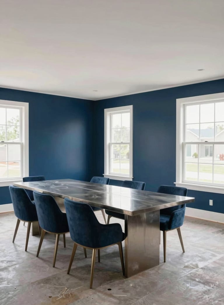 A wide-angle photography shot of a luxury North American / US home interior undergoing high-quality refurbishment, featuring dark blue accent walls and steel blue furniture highlights, bright airy composition.